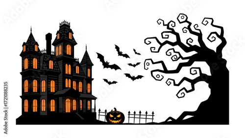 Spooky Halloween Scene: A silhouette of a haunted house, bats, evil pumpkin, and ominous tree create an atmosphere of impending mystery and Halloween thrills.