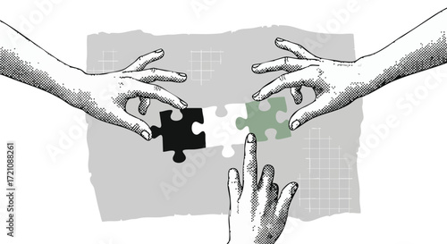 Three hands working together, connecting black, white, and green jigsaw puzzle pieces in a collaborative effort.