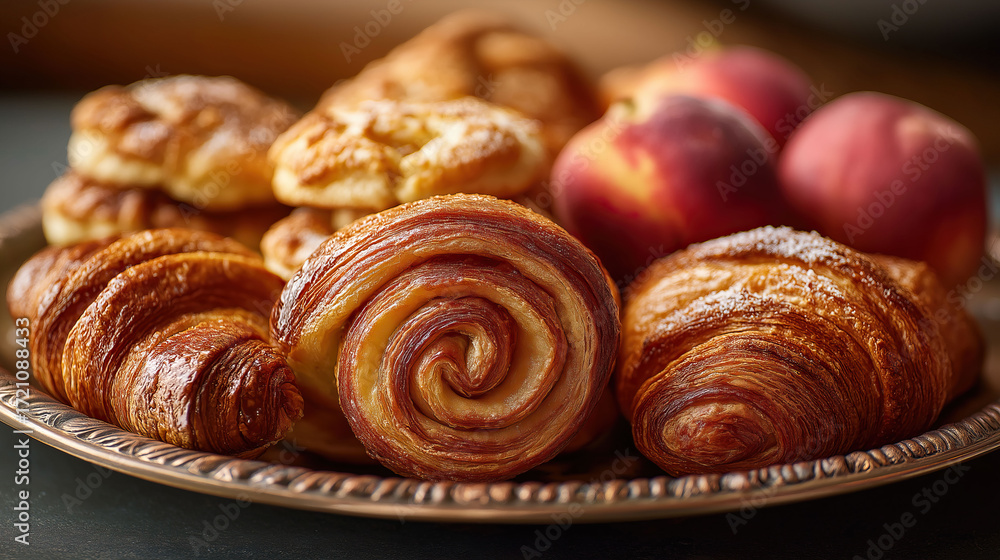 Fototapeta premium Golden croissants paired with fresh peaches create elegant breakfast display.