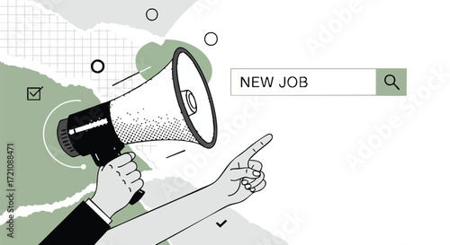 Illustration of a hand holding a megaphone and pointing towards a search bar with the text "NEW JOB" indicating a job search or announcement.