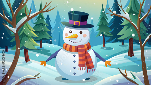 Cartoon snowman in a snowy winter forest
