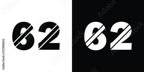 Bold number 62 graphic design in black and white