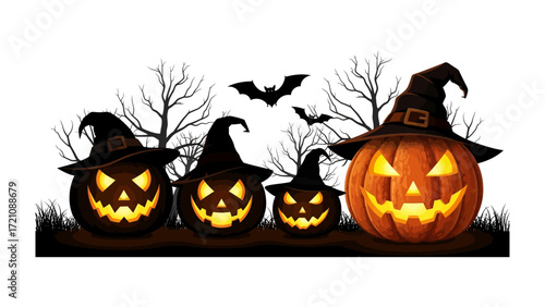 Halloween Pumpkin Patch: A row of grinning jack-o'-lanterns wearing witch hats sits beneath a dark, spooky sky, illuminated from within, creating an eerie and festive ambiance.