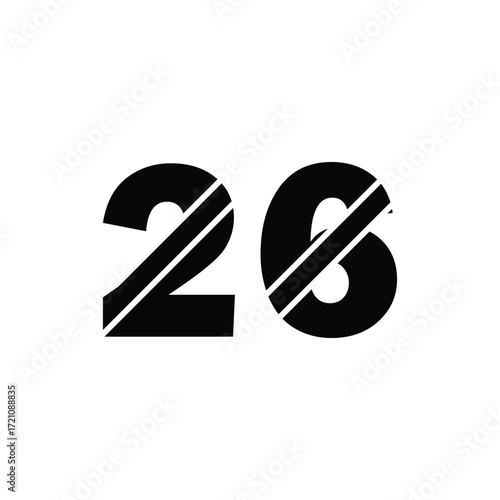 Bold black number 26 with diagonal white stripes