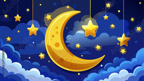 Illustration of moon and hanging stars