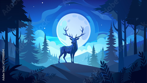 Deer silhouette under the moonlight night