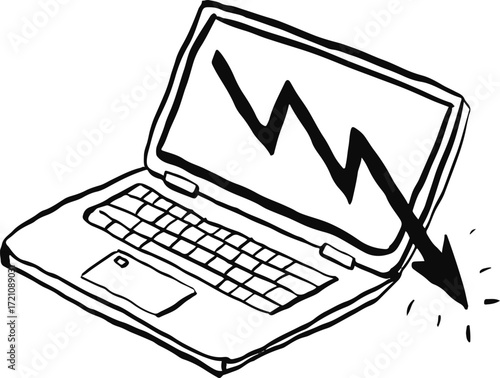 Laptop with Downward Arrow Doodle Vector. Stock Market Crash, Financial Loss Illustration