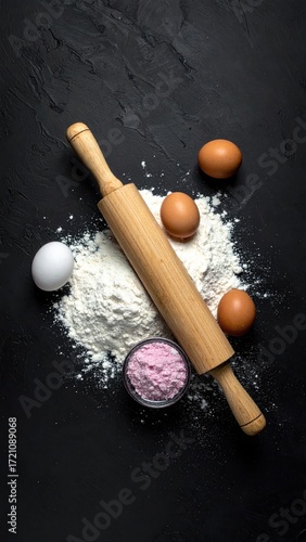 Baking ingredients arranged on a dark surface.  A wooden rolling pin, flour, eggs, and a small bowl of pink powder are displayed
