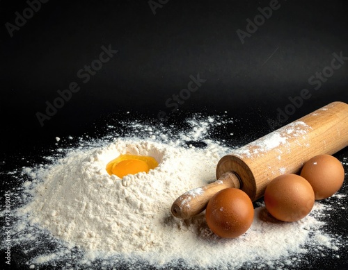 Flour, eggs, and rolling pin on dark background
