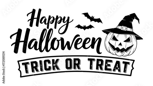 Halloween Greetings: A festive illustration featuring a grinning jack-o'-lantern wearing a witch's hat, bats silhouetted against the darkness.