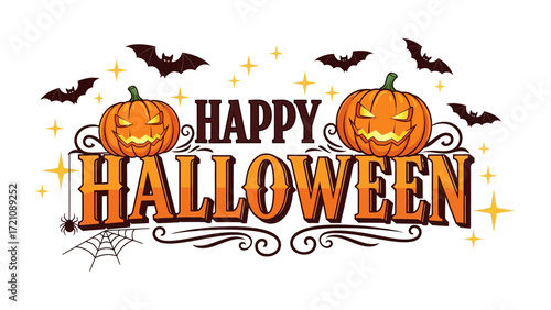 Spooktacular Halloween Illustration: Captivating illustration of carved pumpkins, bats and spiderweb evokes the fun spirit of Halloween celebration.