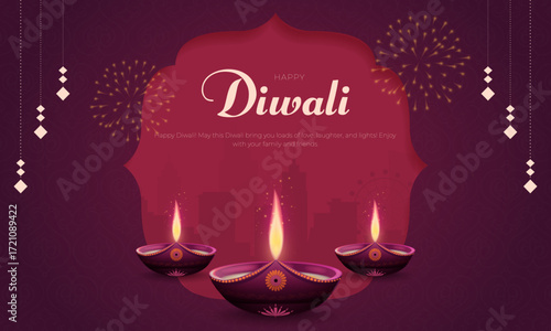 Happy Diwali Banner and Greeting Card. Indian Deepawali Festival of Lights Celebration Creative Background with Text and Diya Vector Illustration