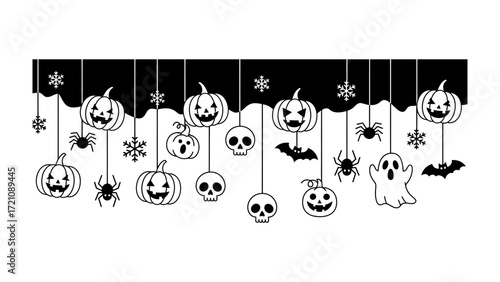 Halloween Hanging Decorations: A spooky and cheerful Halloween-themed illustration of hanging decorations, featuring grinning pumpkins, skulls, spiders, bats and ghosts.