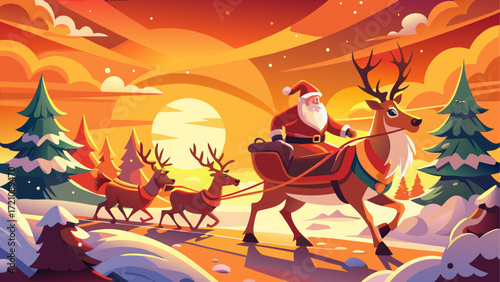 Santa claus riding reindeer in winter sky