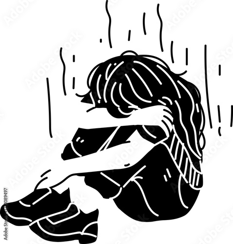Black and White Illustration of a Young Woman Huddled in Distress.