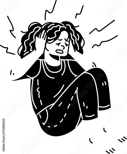 Stylized woman with curly hair clutching head overwhelmed by stress or headache.