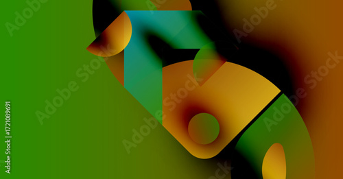 Abstract shapes blend, creating vibrant color gradients. Green dominates left side, orange right. Smooth transitions define composition.