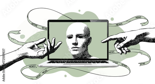 Stylized hands interact with a digital human head on a laptop screen, surrounded by 'NEWS' ribbons, illustrating the intersection of technology, information, and human connection.