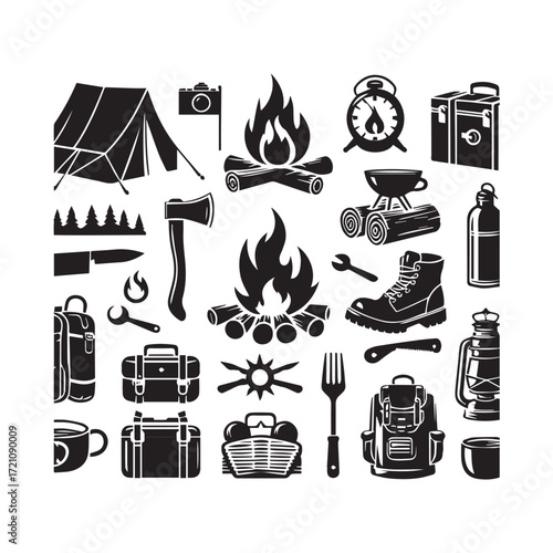 Camping and Outdoor Gear Icons with Tent Campfire Boots and Lantern vector illustration