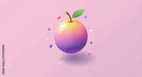 A vibrant pastel gradient fruit illustration, dynamically floating with glittering particles, embodying innovative design and imaginative digital artistry in a dreamy setting