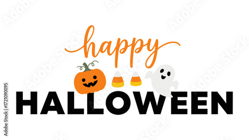 Happy Halloween Greeting with a Friendly pumpkin and Ghost: Festive and spooky greeting design with adorable pumpkin and playful ghost with festive decorations and candies.