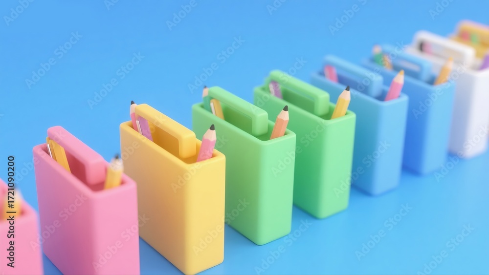 Fototapeta premium Creative colorful stationery boxes row abstract commercial background blue white 3D illustration design for poster banner flyer web book cover healing concept.