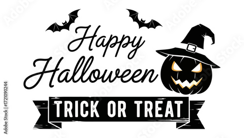Spooky Halloween: A spooky Halloween illustration with a grinning jack-o'-lantern wearing a witch hat and bats, conveying a festive and spooky theme.