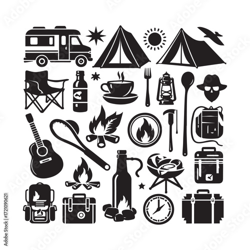 Camping and outdoor recreation icons with camper chair guitar coffee and barbecue Keywords: camping, outdoor, recreation, silhouette, icons, camper, chair, guitar, coffee, barbecue, tent, campfire