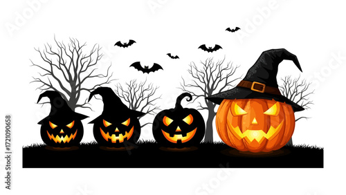 Jack-o'-lantern Specter: Spooky jack-o'-lanterns with wicked grins and eerie, glowing eyes, are silhouetted against a spooky backdrop featuring eerie trees and soaring bats.
