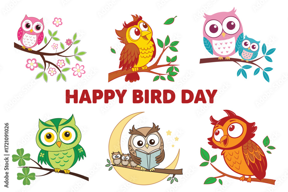 Fototapeta premium Various colorful cartoon owls perched on branches, enjoying different activities in a charming composition