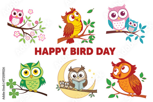 Various colorful cartoon owls perched on branches, enjoying different activities in a charming composition