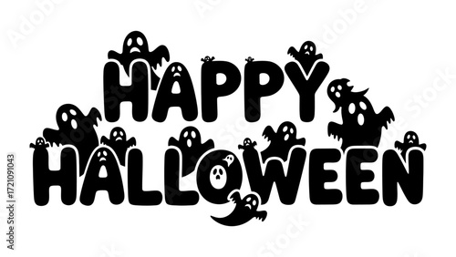 Happy Halloween: A festive illustration of the words Happy Halloween, adorned with playful ghosts, evokes the spirit of spooky celebrations and seasonal fun. 