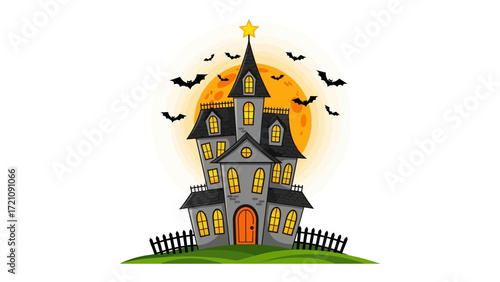 Haunted House Halloween Illustration: A whimsical, illustrated haunted house stands silhouetted against a vibrant orange moon, with bats fluttering in the night sky.
