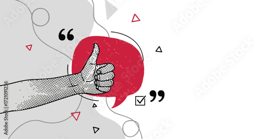 Illustration of a hand giving a thumbs up inside a red speech bubble with quotation marks.