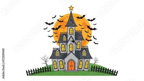 Spooky Manor Under Moonlight: A haunted mansion silhouette rises against a vibrant, full moon, with bats in flight adding to the atmosphere of a Halloween night