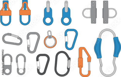 Carabiner hook and bag hardware vector illustration set, metal clip design, keyring clasp, accessory fitting, outdoor gear connector template