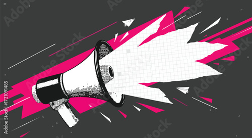 A stylized illustration of a megaphone broadcasting a message against a dynamic, abstract pink and grey background.