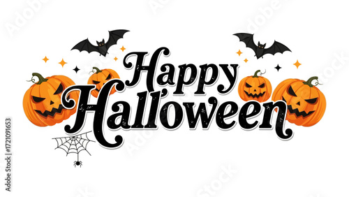 Happy Halloween Festive Display: A vibrant Happy Halloween greeting, adorned with grinning jack-o'-lanterns, fluttering bats, and a spooky spiderweb, sets the scene for a night of festive fun.