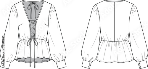 Fashion flat sketch blouse with lace up front, puff sleeves, peplum hem, cuff detail, editable vector technical drawing template