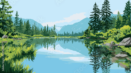 Summer Lake View With Green Forest
