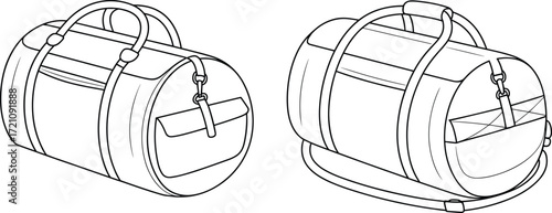 Duffel bag vector flat sketch with handles, shoulder strap, side pockets, zipper closure, travel accessory design template for fashion illustration