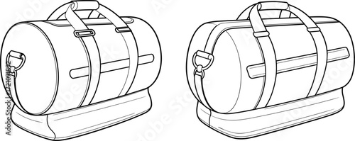Duffel bag vector flat sketch with base compartment, adjustable handles, side straps, travel luggage design template, fashion accessory outline illustration