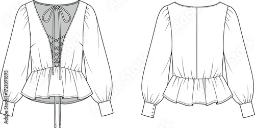 Fashion flat sketch blouse with long puff sleeves, lace-up front, peplum hem, cuff details, technical drawing, editable vector template