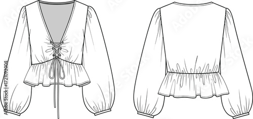 Fashion flat sketch of women’s long sleeve blouse with deep v neckline, lace up corset tie front, peplum hem design
