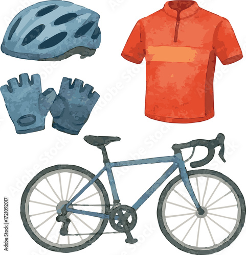 Collection of watercolor painted cycling stuff