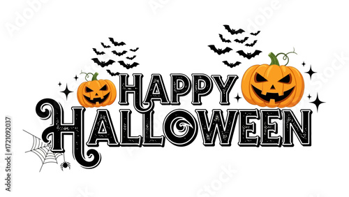 Happy Halloween Greeting: A festive illustration of pumpkins, bats, and spooky elements create a vibrant scene for celebrating Halloween.