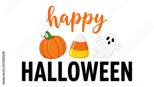 Spooky Season Greetings: A vibrant Halloween graphic, showcasing a cheerful pumpkin, tempting candy corn, and a friendly ghost, conjuring the excitement of All Hallows' Eve.