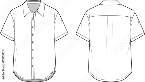 Front and back view of short sleeve button down shirt, blank fashion template, casual summer clothing design, apparel vector illustration