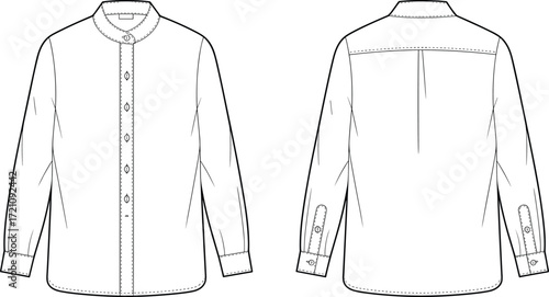 Mandarin collar shirt vector illustration, front and back view, long sleeve fashion template, casual formal clothing design, men apparel flat sketch