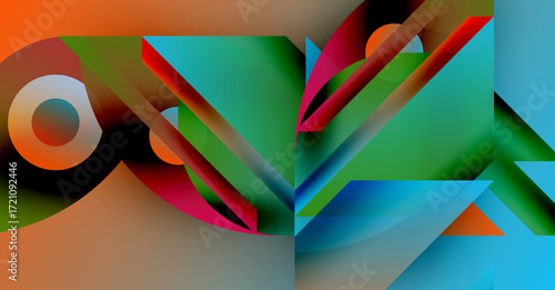 Abstract geometric composition. Vivid colors blend, creating dynamic shapes. Lines intersect, forming complex visual patterns. Modern design elements dominate image.